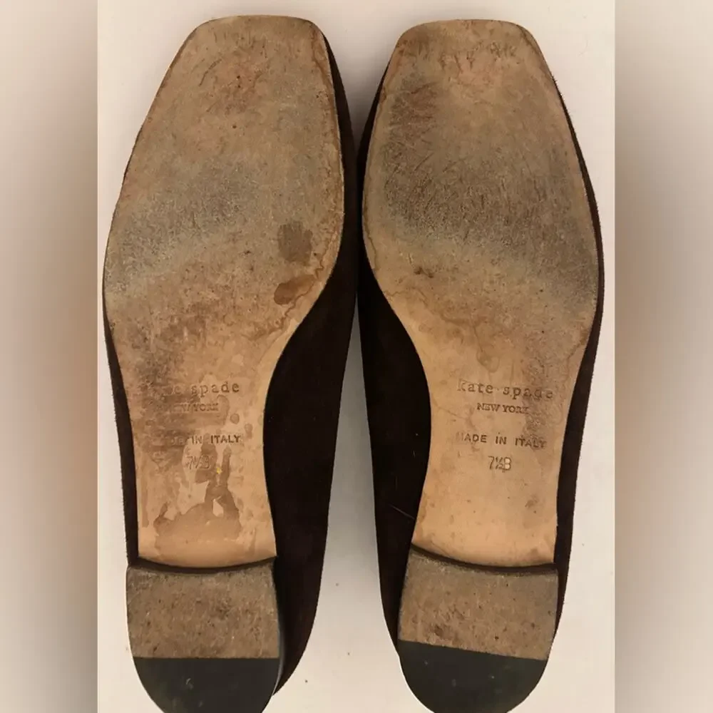 Kate Spade New York Loopy Buckle brown suede gold square toe flats Italy. 7.5